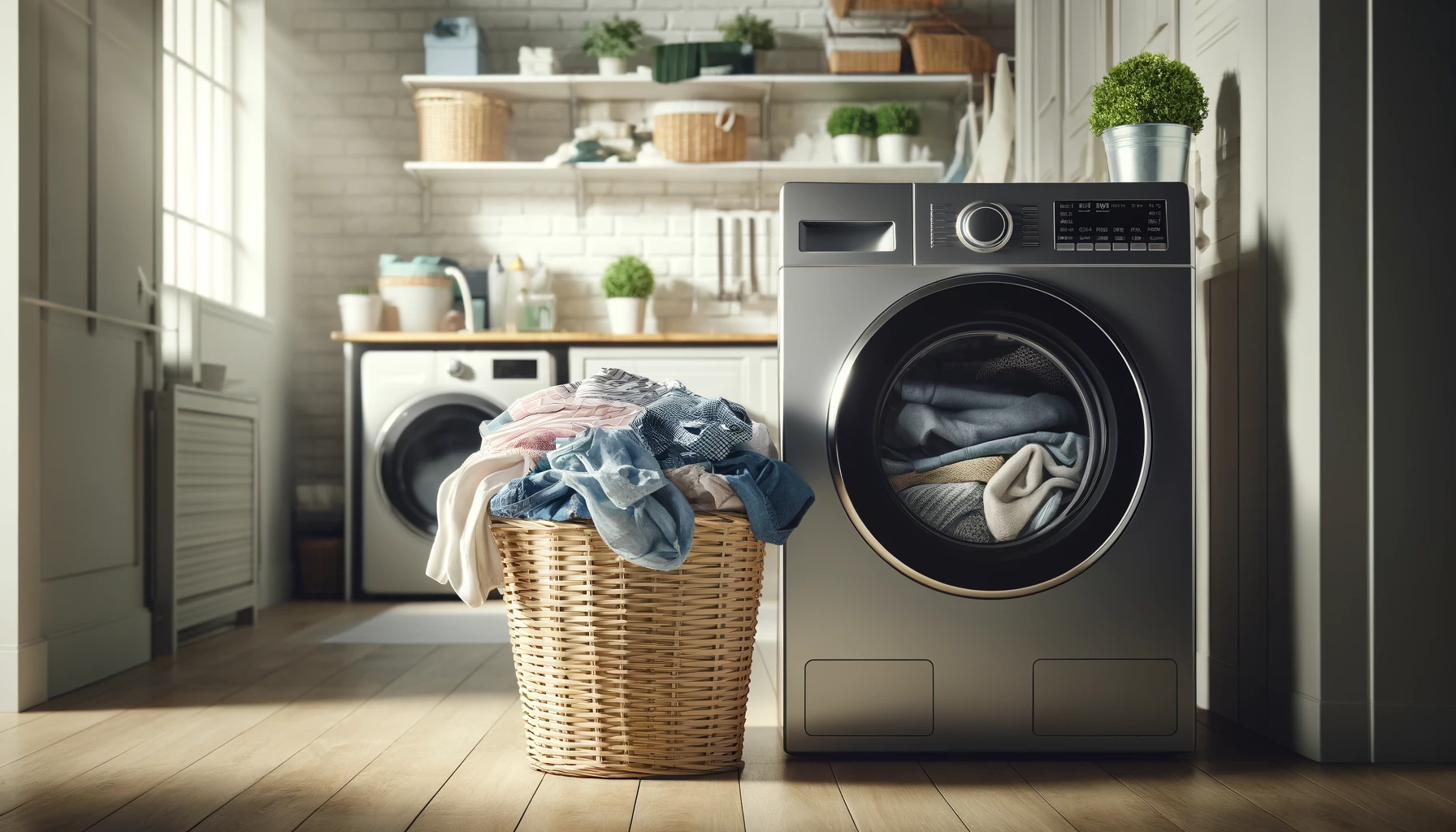 a laundry basket filled with freshly dried clothes, positioned in front of a modern washing machine